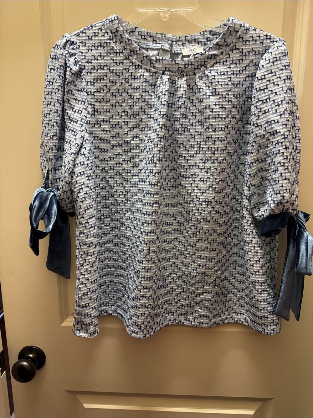 Navy & White Tie-Sleeve Women’s Top